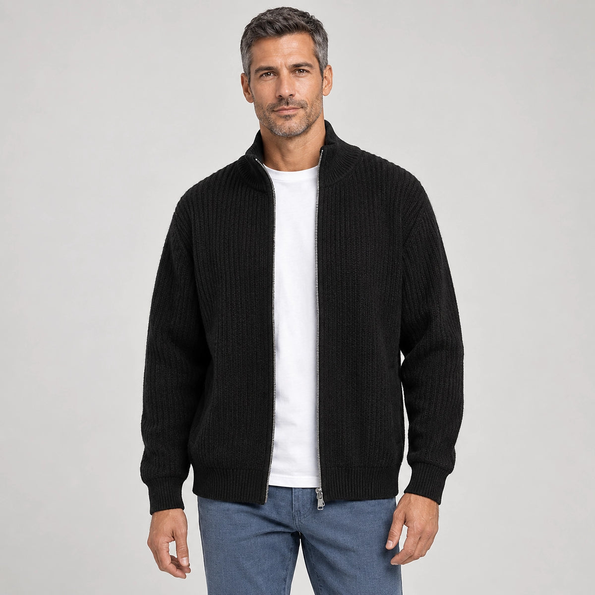 Daxton Ribbed Knit Cardigan — Black (apparel front)