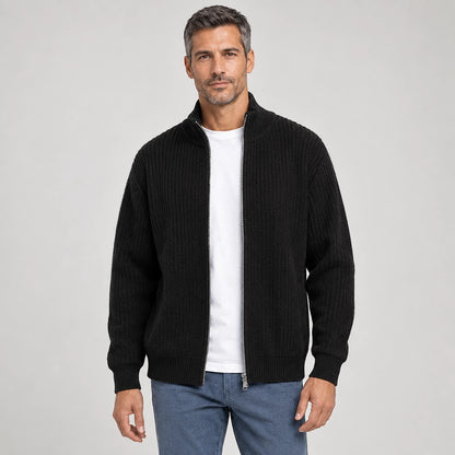 Daxton Ribbed Knit Cardigan — Black (apparel front)