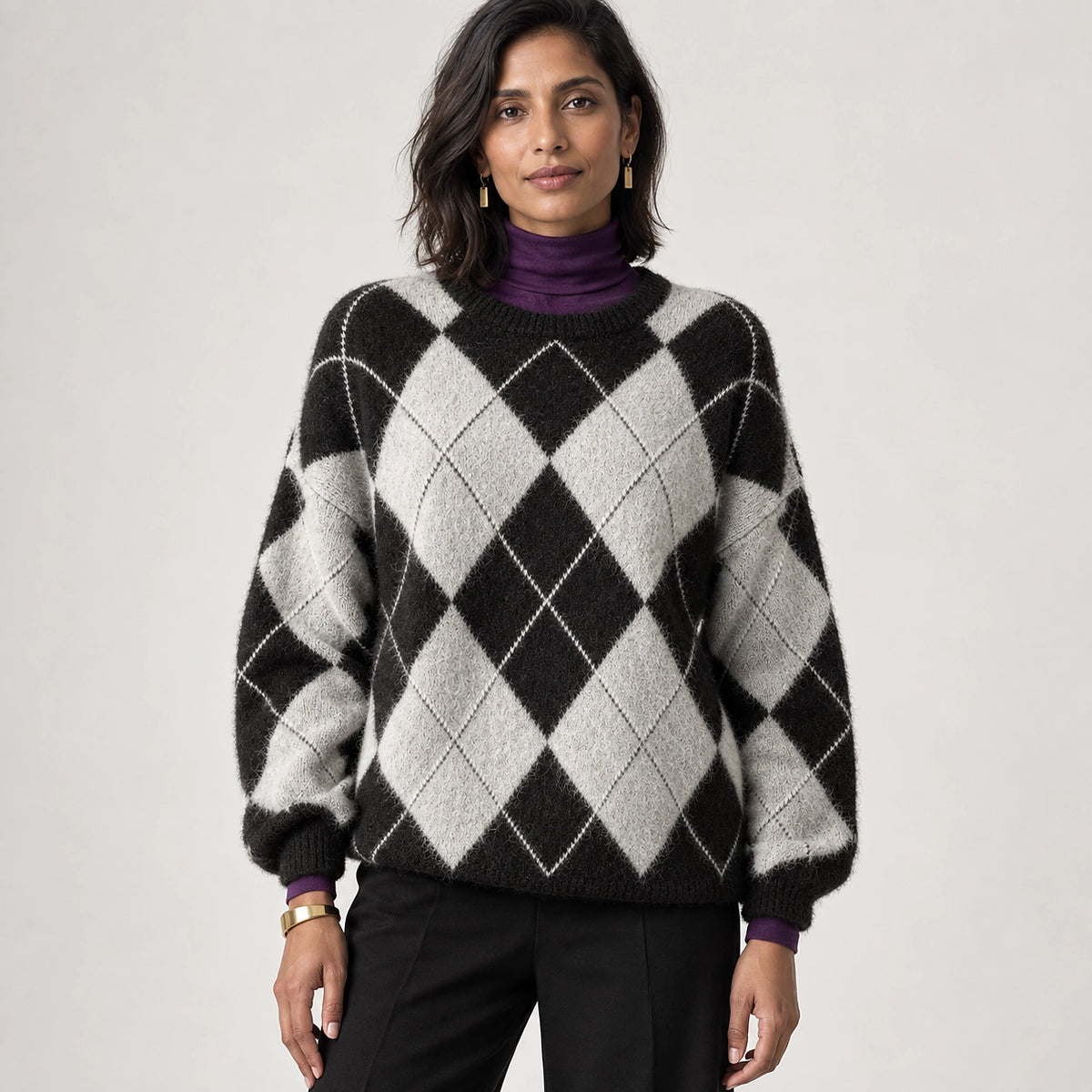 Halwyn Argyle Knit Sweater — Black (apparel front)