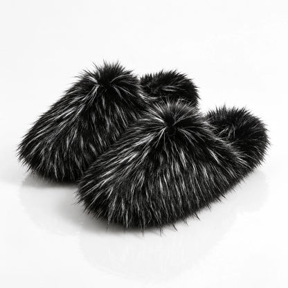 Fioravessa Plush Slippers — Black Base With White Tip (imitation Raccoon Fur) (womens shoe hero)