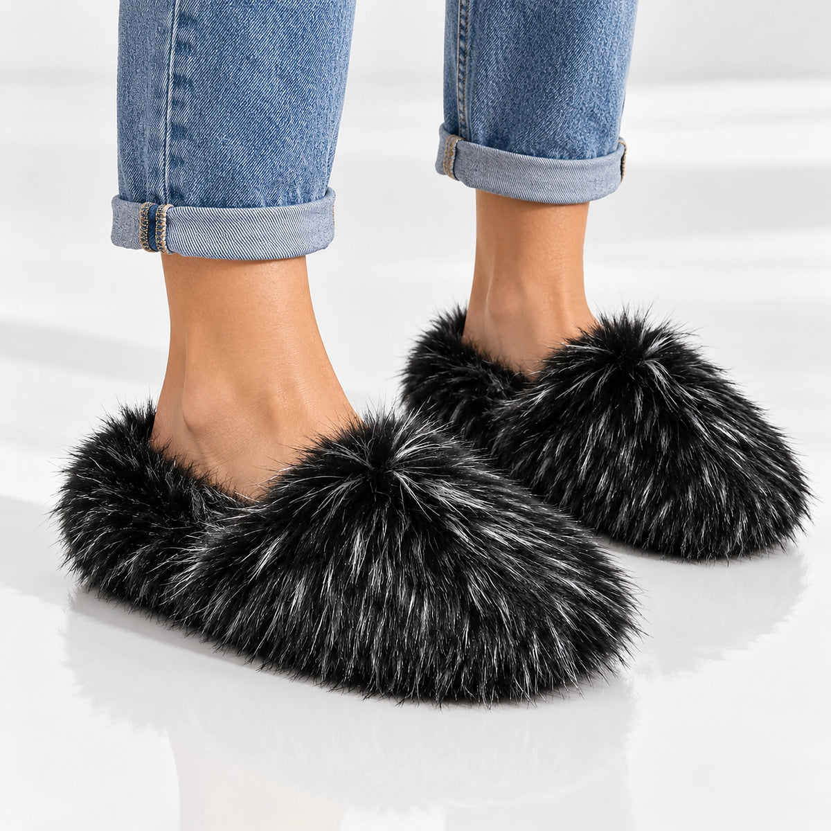 Fioravessa Plush Slippers — Black Base With White Tip (imitation Raccoon Fur) (womens shoe worn)