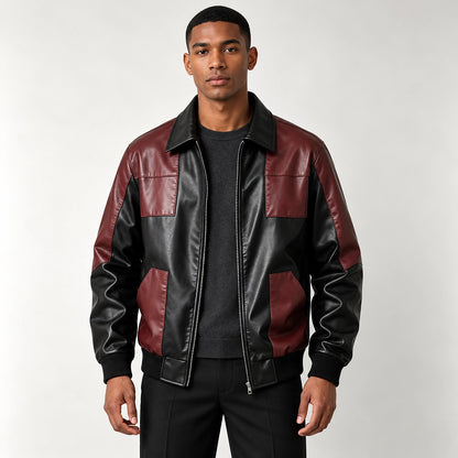 Dahven Leather Bomber Jacket — Black & Burgundy (apparel front)