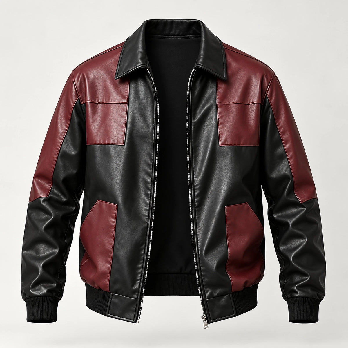 Dahven Leather Bomber Jacket — Black & Burgundy (apparel solo)
