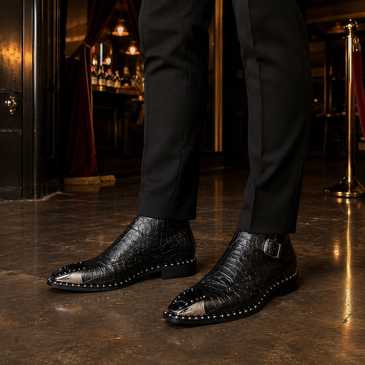 Dravek Leather Monk Strap Boots — Black Crocodile (footwear environment 1)