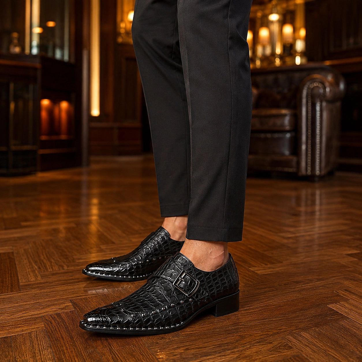 Draven Leather Monk Strap Loafers — Black Crocodile (footwear environment 1)