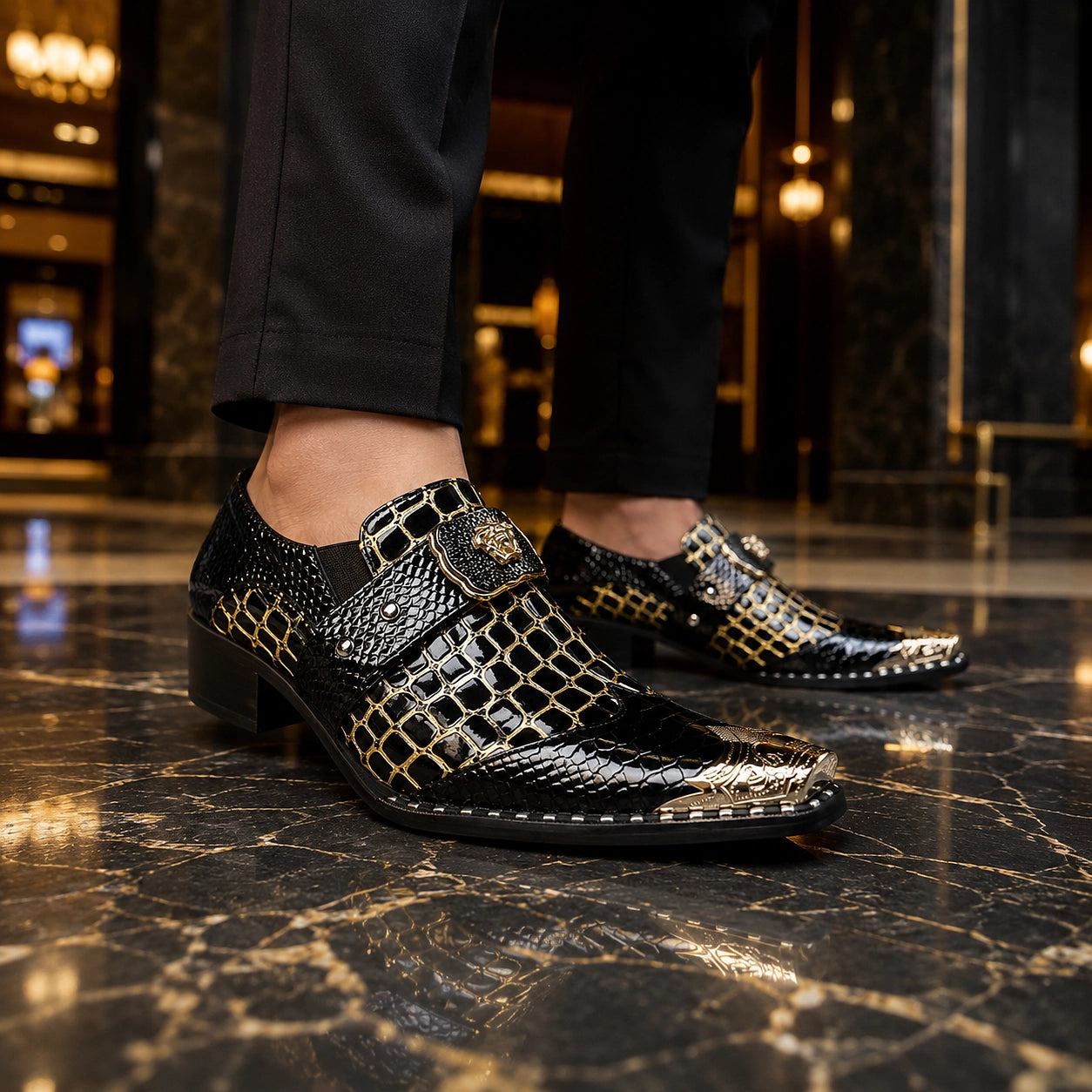 Drakos Leather Monk Strap Loafers — Black Crocodile (footwear environment 2)