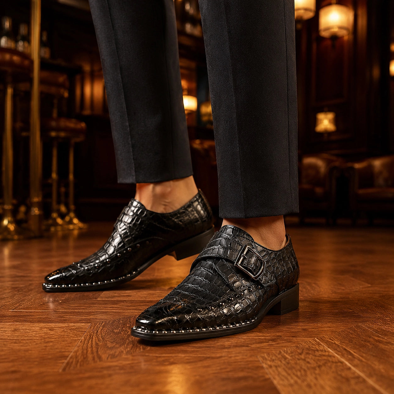 Draven Leather Monk Strap Loafers — Black Crocodile (footwear environment 2)