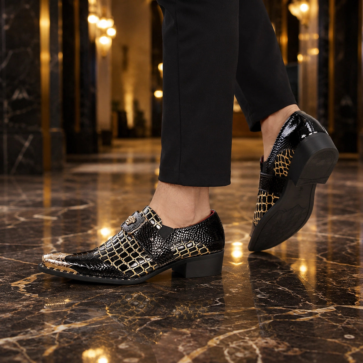 Drakos Leather Monk Strap Loafers — Black Crocodile (footwear environment 3)