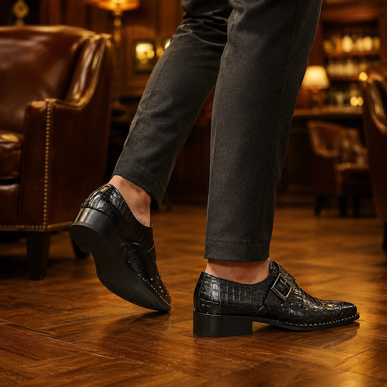 Draven Leather Monk Strap Loafers — Black Crocodile (footwear environment 3)