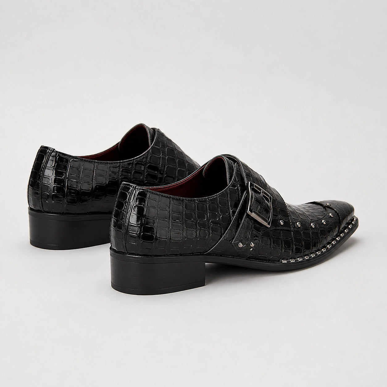 Draven Leather Monk Strap Loafers — Black Crocodile (mens shoe angle)