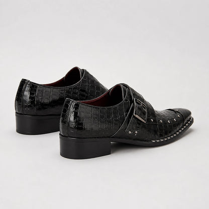 Draven Leather Monk Strap Loafers — Black Crocodile (mens shoe angle)