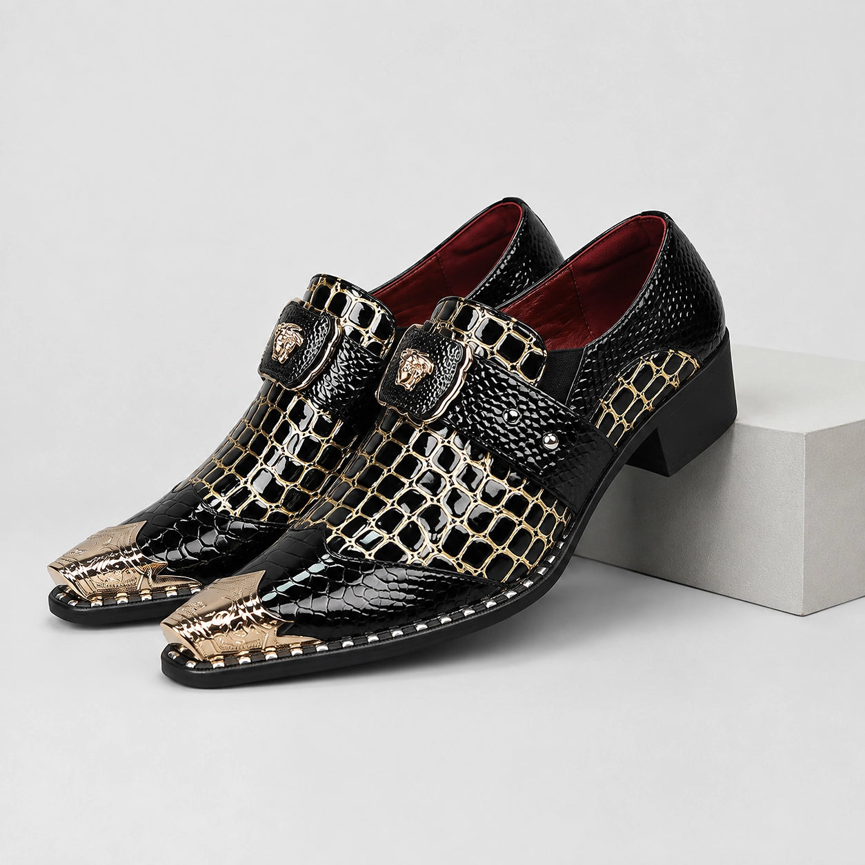 Drakos Leather Monk Strap Loafers — Black Crocodile (mens shoe pedestal)