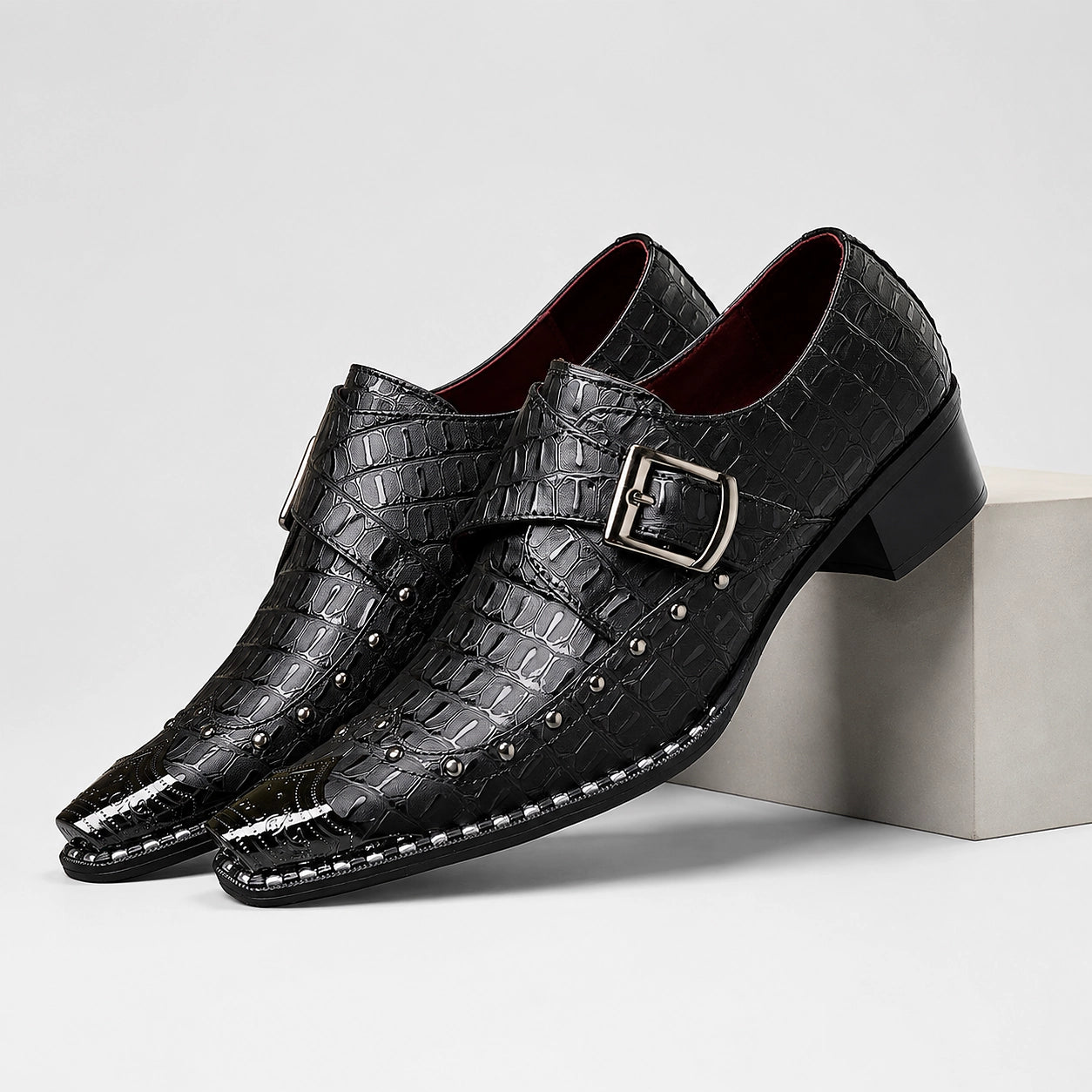 Draven Leather Monk Strap Loafers — Black Crocodile (mens shoe pedestal)