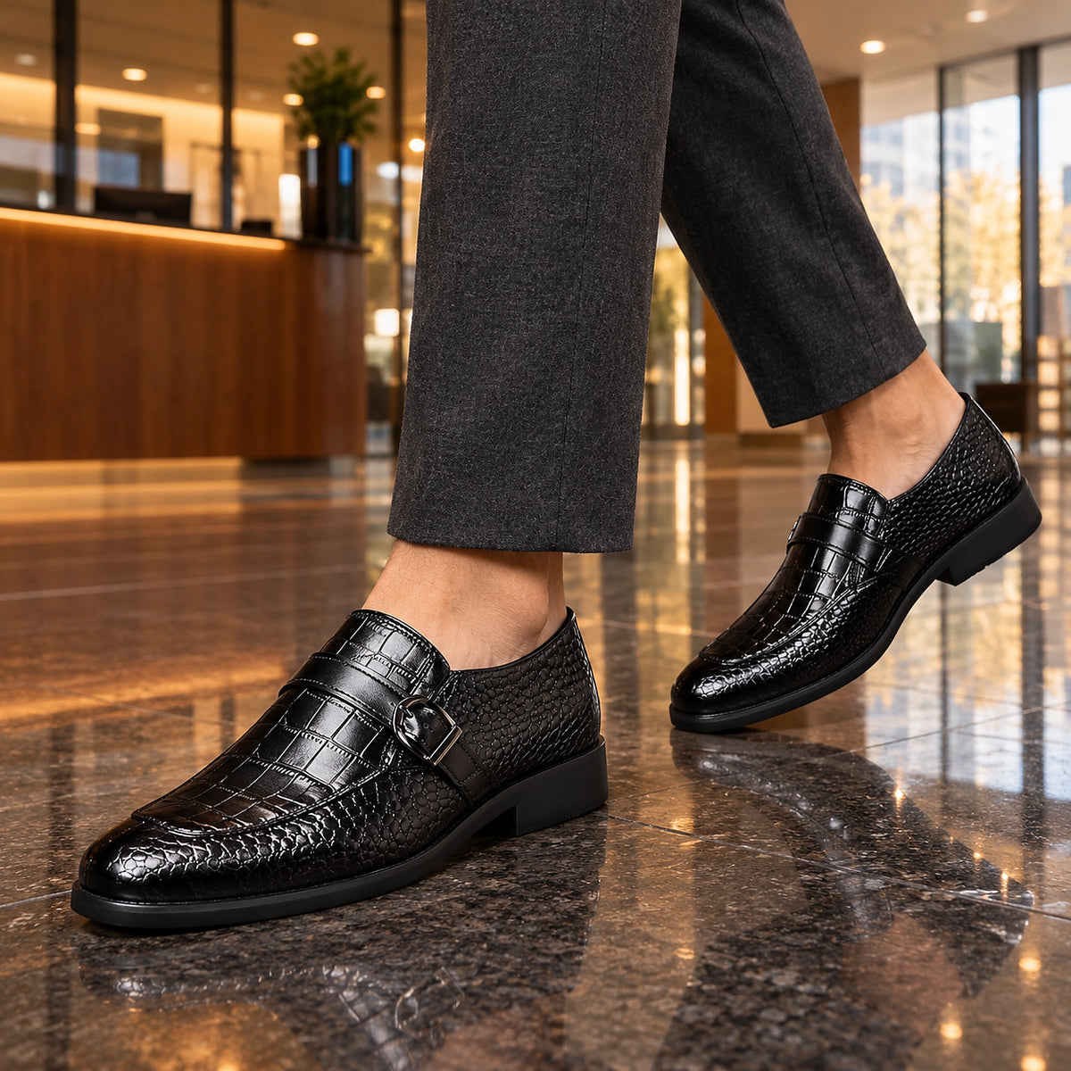 Delvoro Leather Monk Strap Loafers — Black (footwear environment 1)