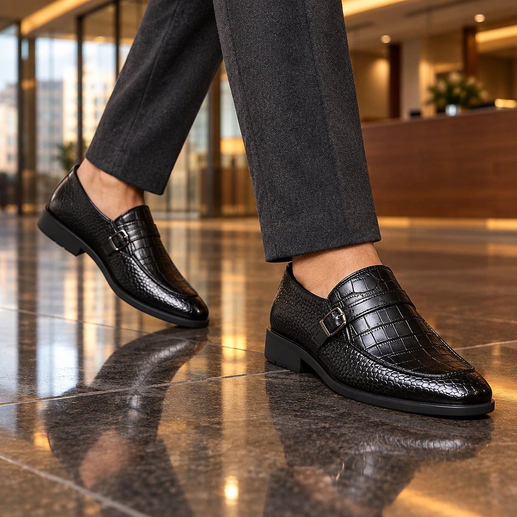 Delvoro Leather Monk Strap Loafers — Black (footwear environment 2)