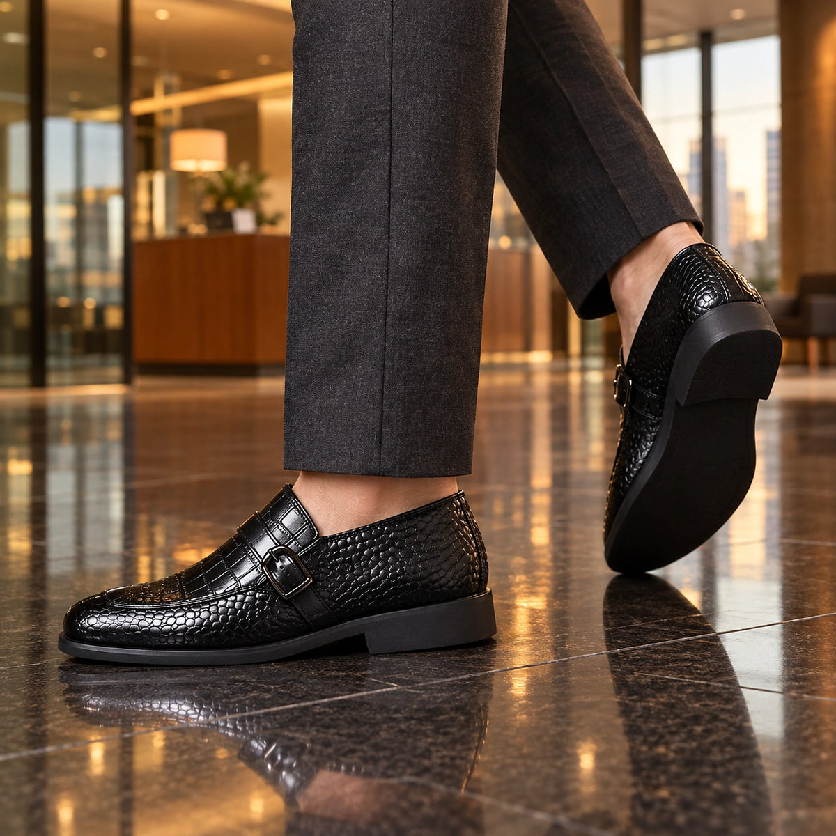 Delvoro Leather Monk Strap Loafers — Black (footwear environment 3)