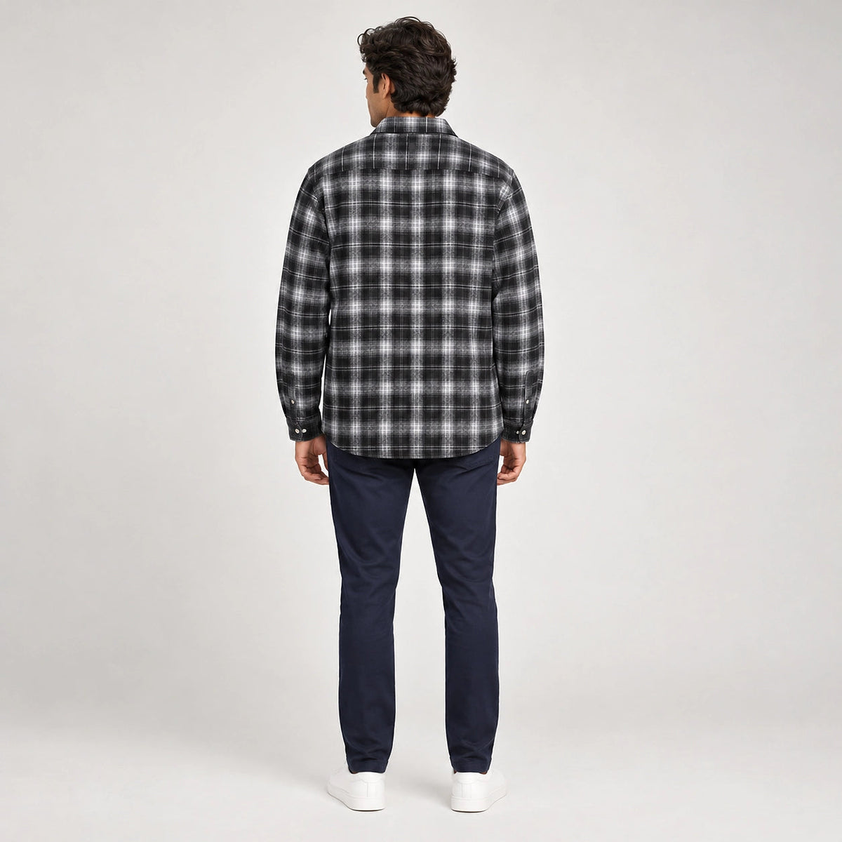 Delvano Plaid Flannel Shirt — Black Grid (apparel back)