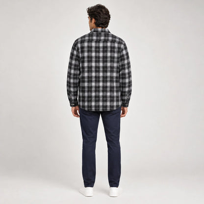 Delvano Plaid Flannel Shirt — Black Grid (apparel back)