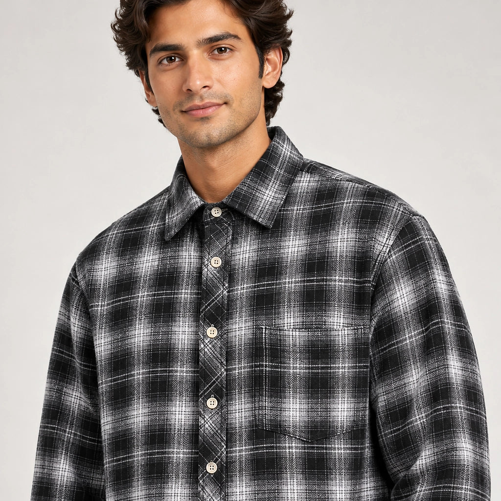 Delvano Plaid Flannel Shirt — Black Grid (apparel detail)