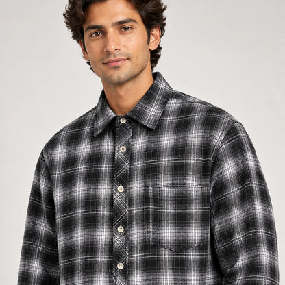 Delvano Plaid Flannel Shirt — Black Grid (apparel detail)