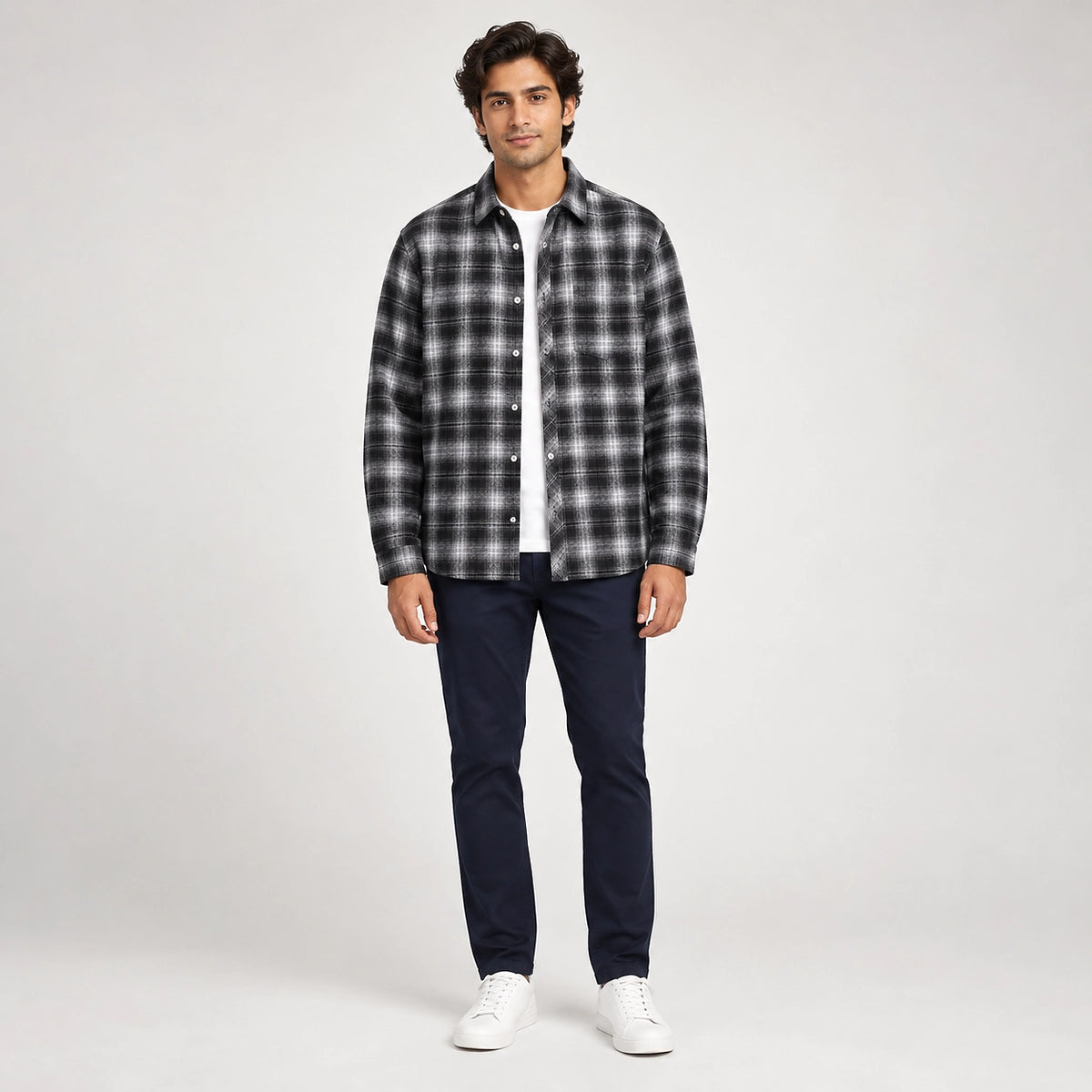 Delvano Plaid Flannel Shirt — Black Grid (apparel front)