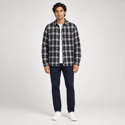 Delvano Plaid Flannel Shirt — Black Grid (apparel front)