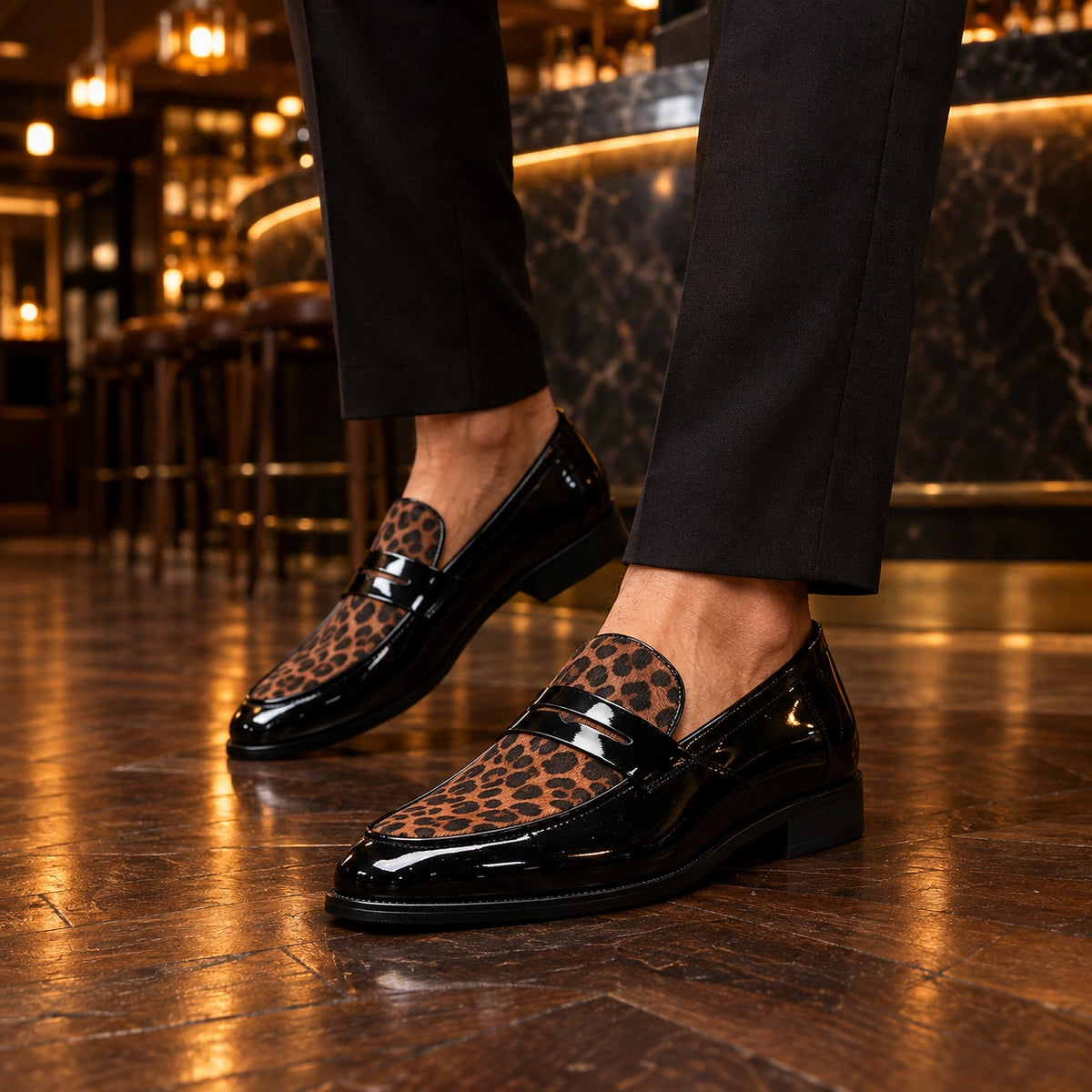 Halvorn Leopard Print Penny Loafers — Black & Leopard (footwear environment 2)