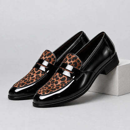 Halvorn Leopard Print Penny Loafers — Black & Leopard (mens shoe pedestal)