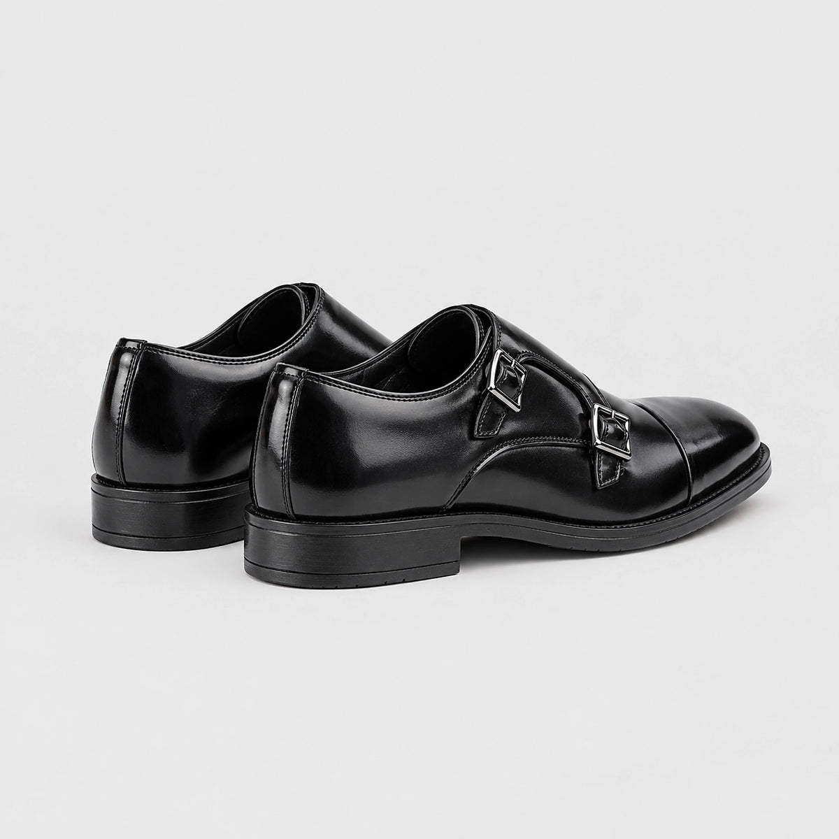 Halwick Leather Double Monk Shoes — Black (mens shoe angle)