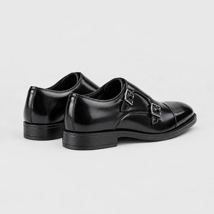 Halwick Leather Double Monk Shoes — Black (mens shoe angle)