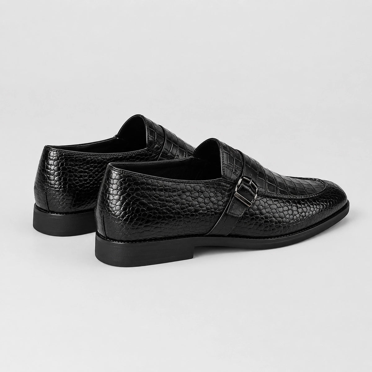Delvoro Leather Monk Strap Loafers — Black (mens shoe angle)
