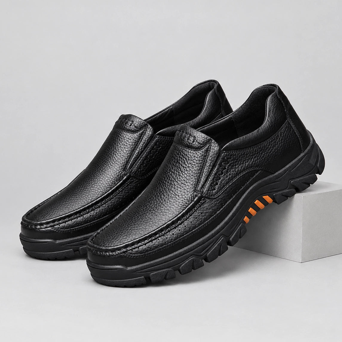 Halton Leather Slip-On Loafers — Black (mens shoe pedestal)