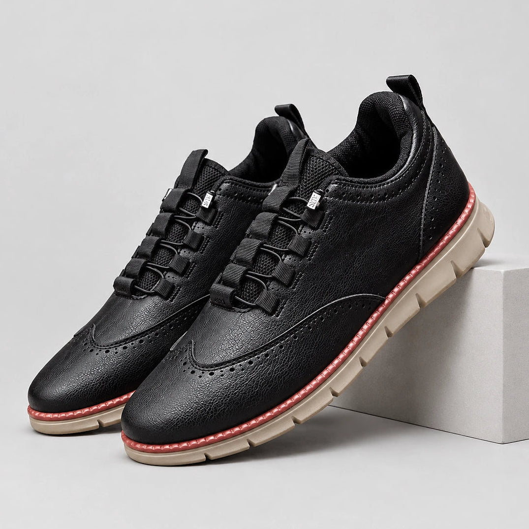 Halverton Leather Brogue Sneakers — Black (mens shoe pedestal)