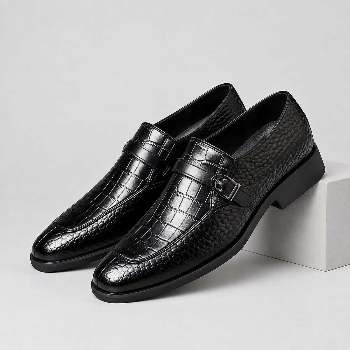 Delvoro Leather Monk Strap Loafers — Black (mens shoe pedestal)