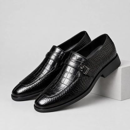 Delvoro Leather Monk Strap Loafers — Black (mens shoe pedestal)