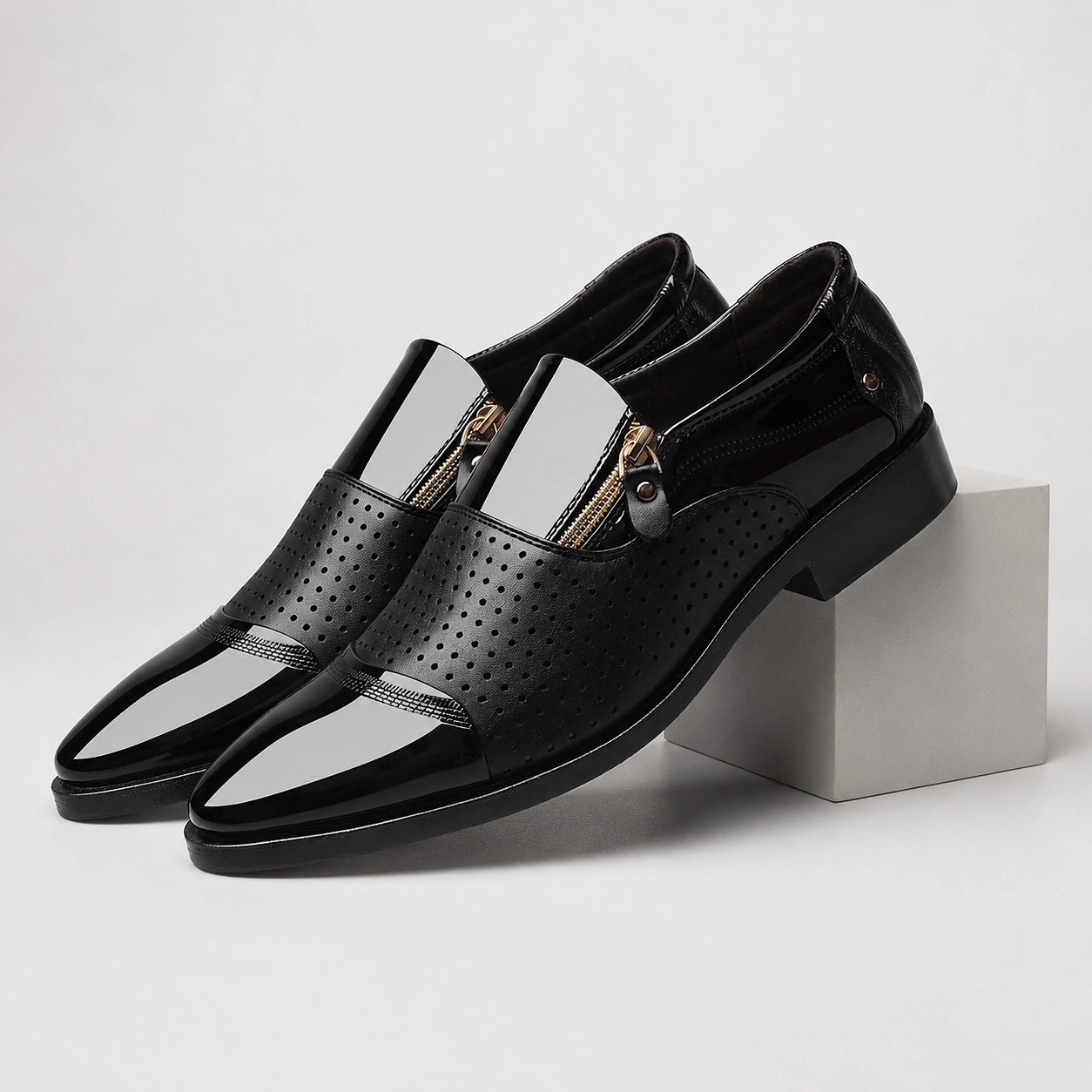 Halven Leather Slip-On Loafers — Black (mens shoe pedestal)