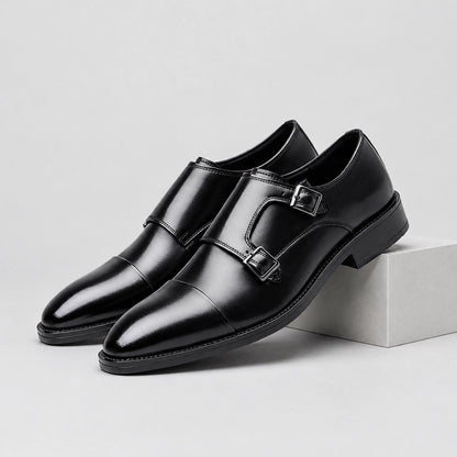 Halwick Leather Double Monk Shoes — Black (mens shoe pedestal)