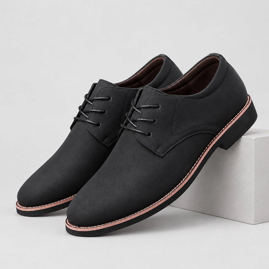 Halkirk Leather Derby Oxfords — Black (mens shoe pedestal)