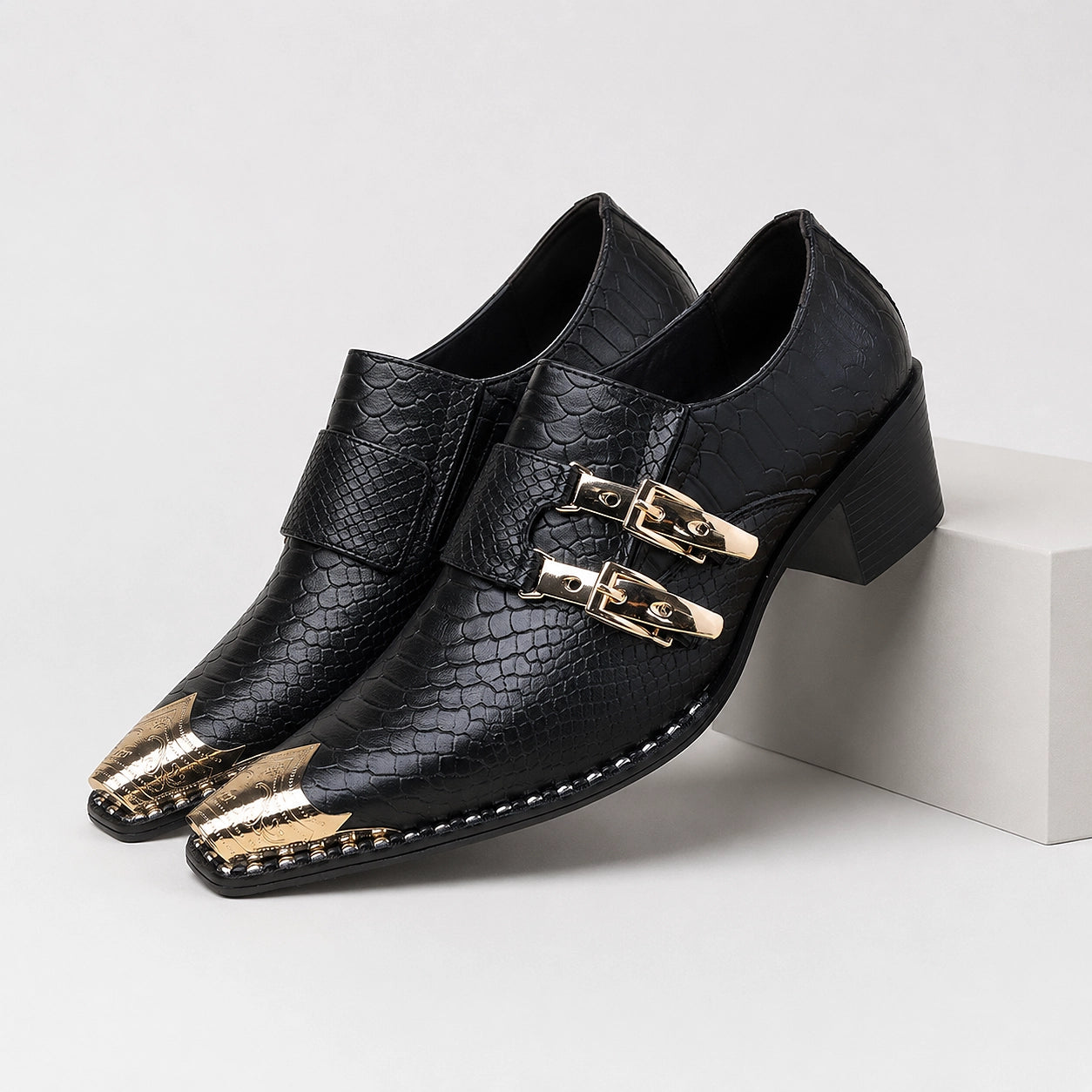 Delvano Leather Double Monk Loafers — Black (mens shoe pedestal)
