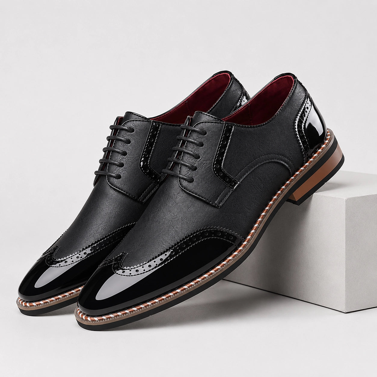 Daxton Leather Brogue Derby Oxfords — Black (mens shoe pedestal)