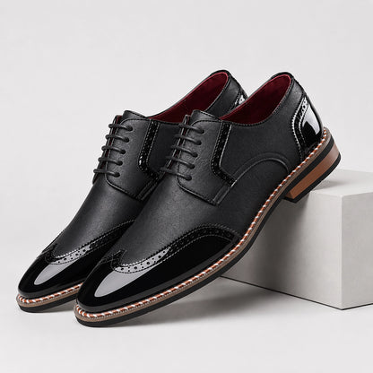 Daxton Leather Brogue Derby Oxfords — Black (mens shoe pedestal)