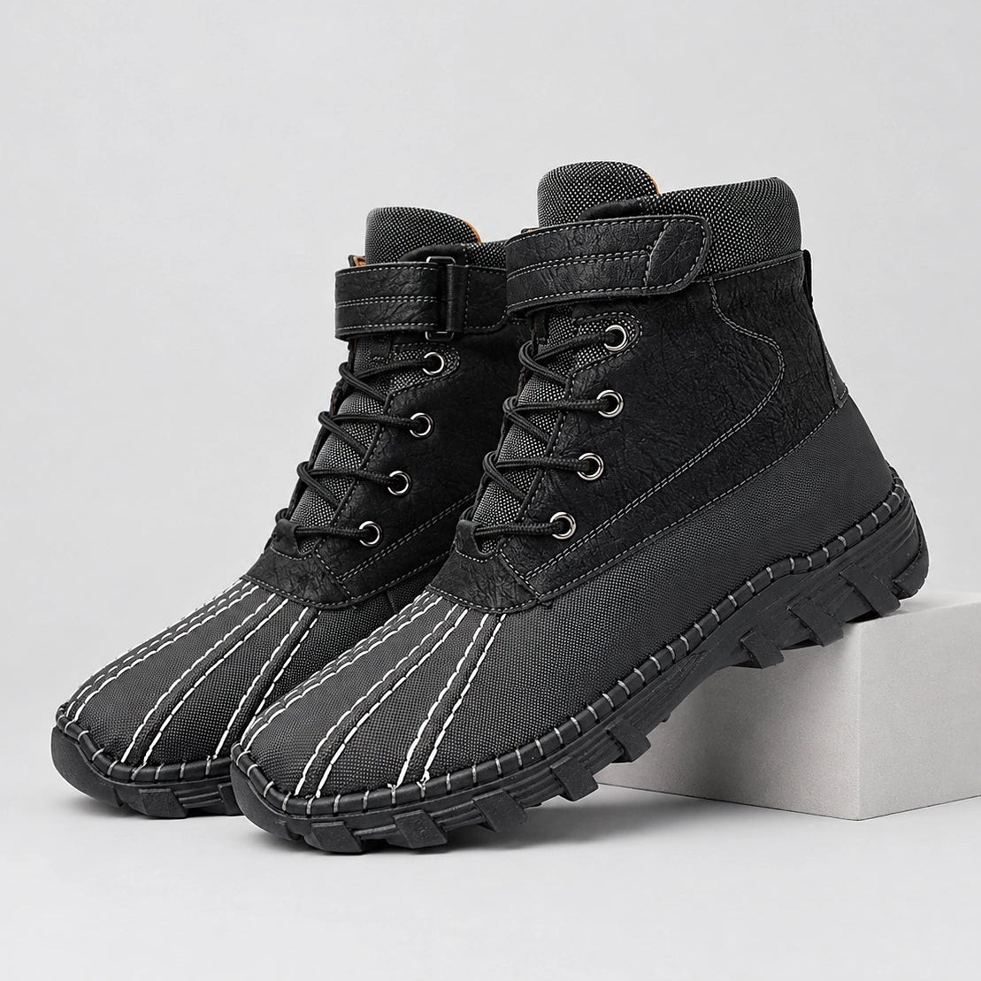 Broden Leather Duck Boots — Black (mens shoe pedestal)