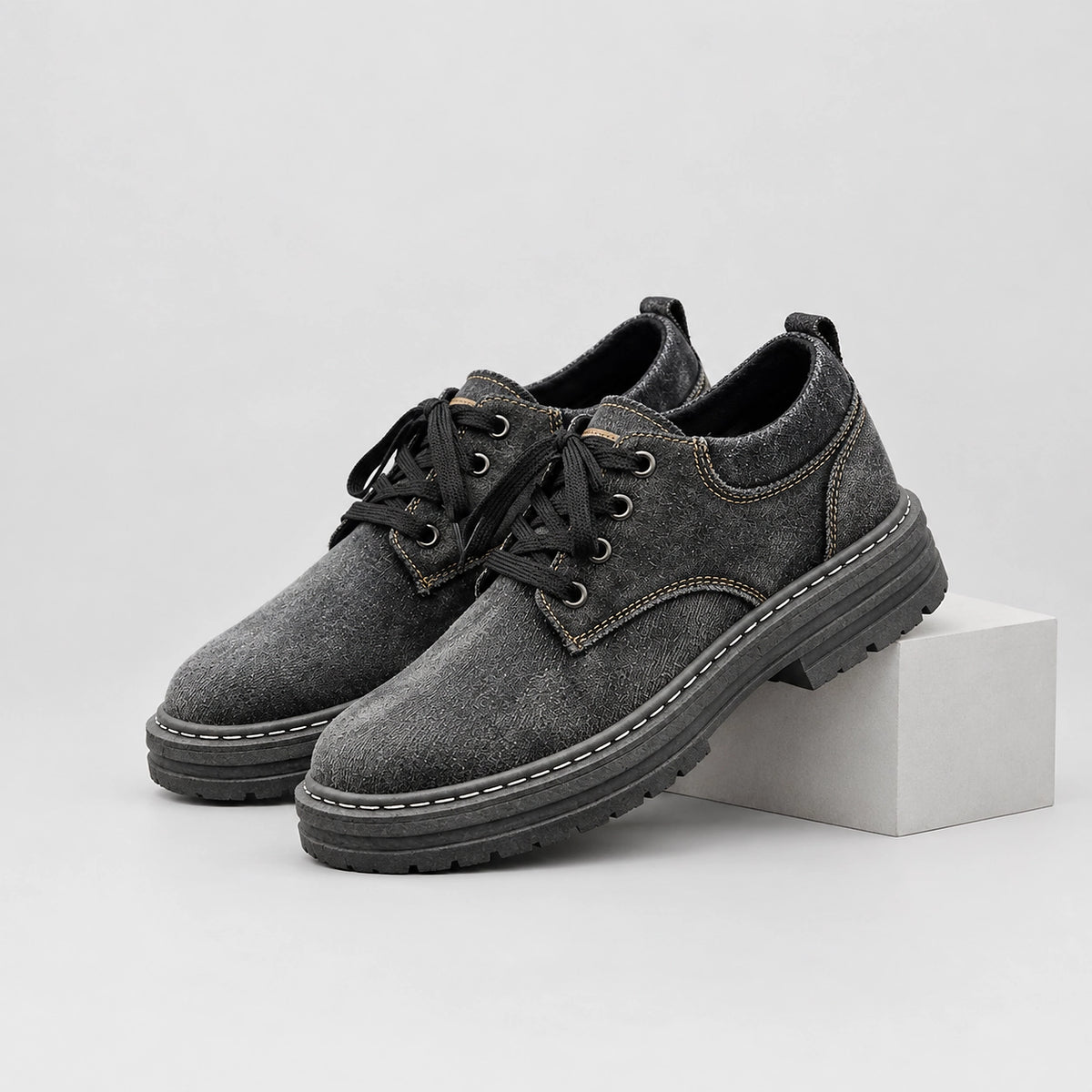 Harlow Denim Derby Shoes — Black (mens shoe pedestal)