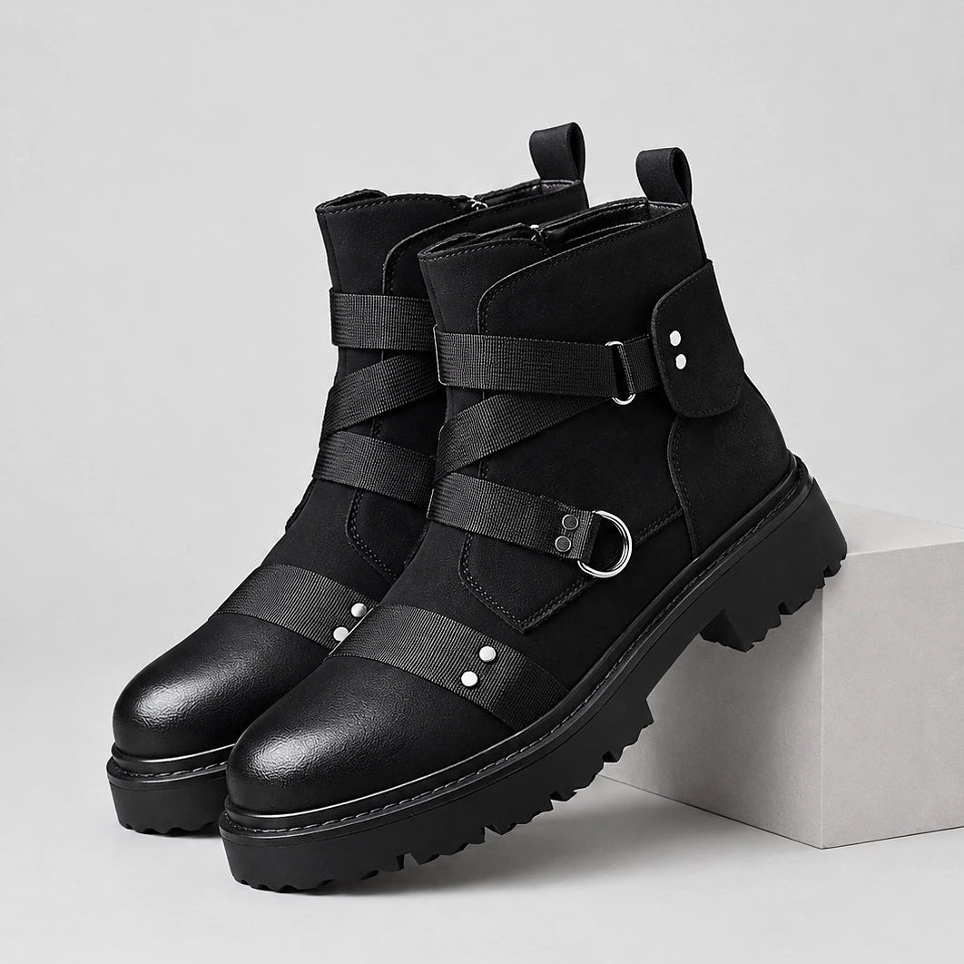 Dravek Leather Combat Boots — Black (mens shoe pedestal)