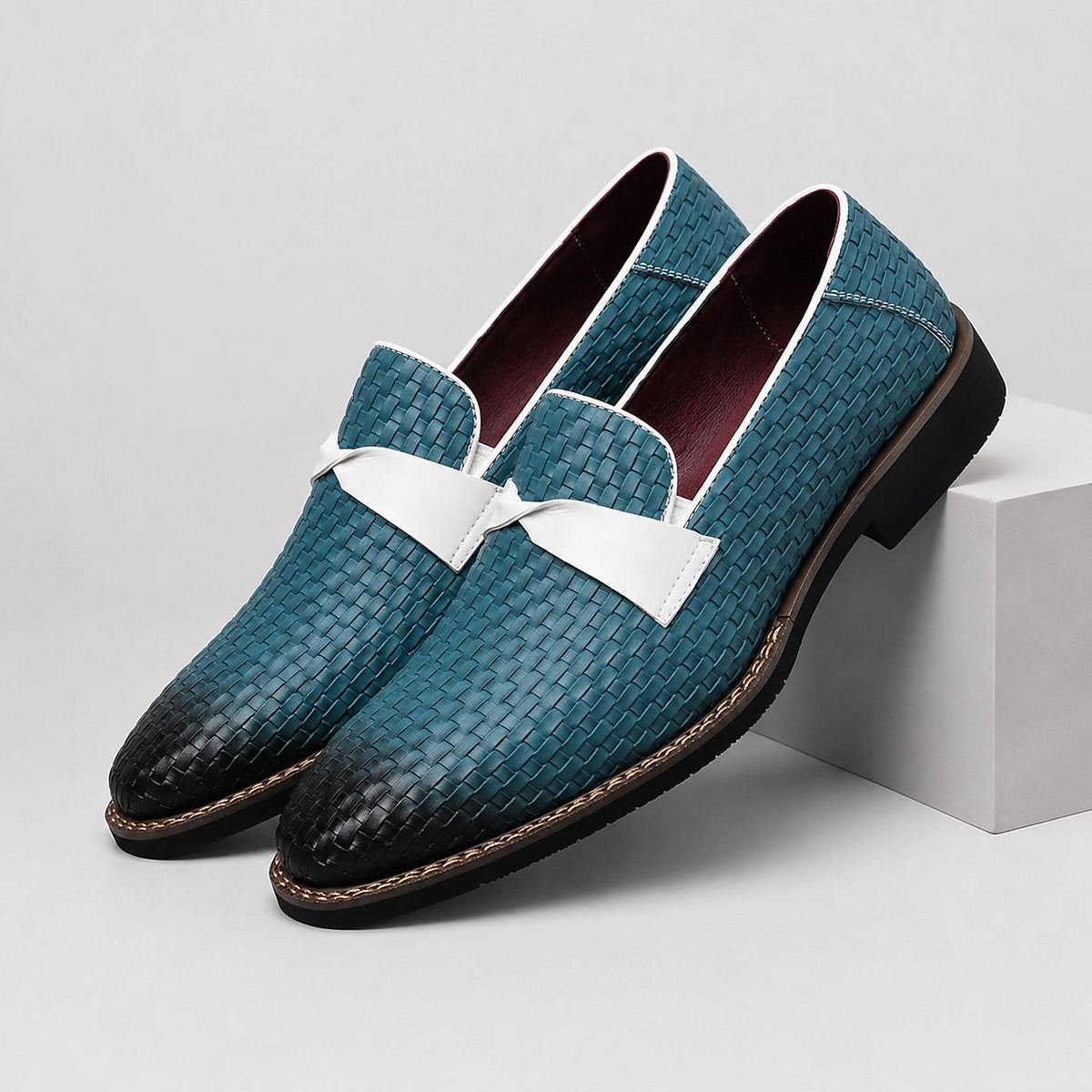 Delvoro Leather Woven Loafers — Black (mens shoe pedestal)
