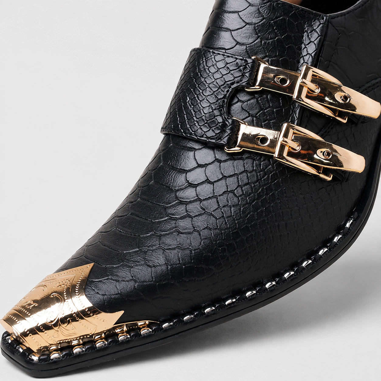Delvano Leather Double Monk Loafers — Black (mens shoe zoom)