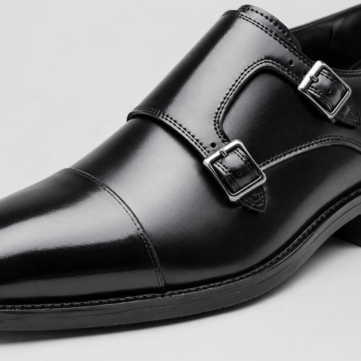 Halwick Leather Double Monk Shoes — Black (mens shoe zoom)