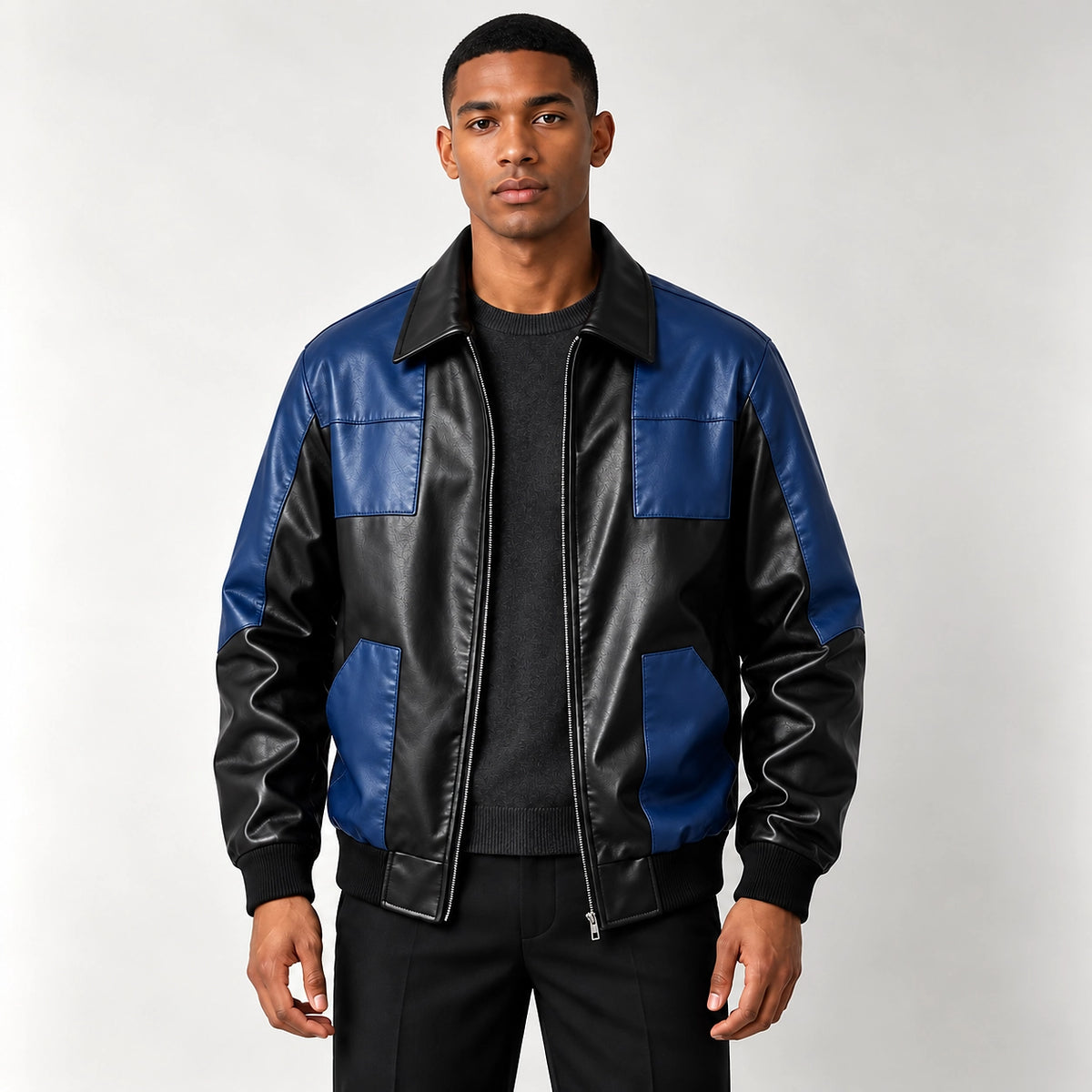 Dahven Leather Bomber Jacket — Black & Navy (apparel front)