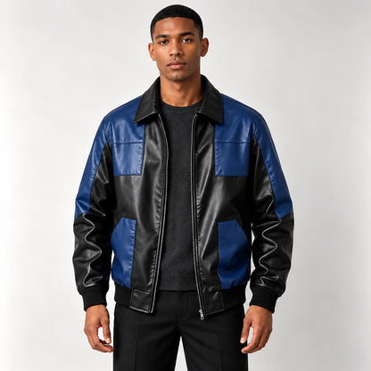 Dahven Leather Bomber Jacket — Black & Navy (apparel front)