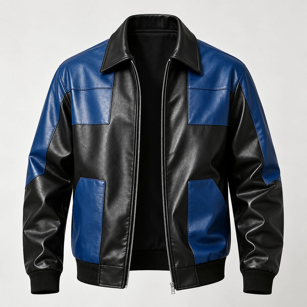 Dahven Leather Bomber Jacket — Black & Navy (apparel solo)